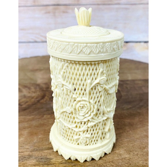 Vtg Hors D'oeuvres Cocktail Forks w/ Ornate Lattice Rose Celluloid Container - Picture 5 of 8